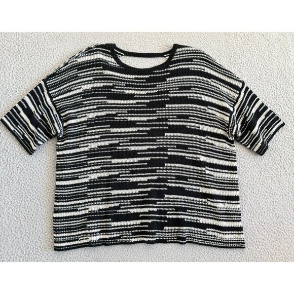 Eileen Fisher Sweater Knit Boxy Organic Linen Cotton Top Black Cream - Picture 1 of 9